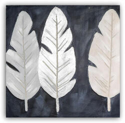 Hatalmas fa keretes vászonkép, sötétkék alapon fehér, krém és ezüst színű tollak 80x80cm