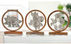 Nagy méretű kör alakú fa asztali dekoráció ezüst színű rózsával 28cm