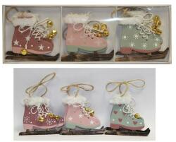  Felakasztható karácsonyi dekoráció fából korcsolya csengővel, 6db - 8 cm