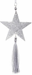  Csillag alakú függődísz csillogó felülettel, ezüst színben, gyöngyökkel, bojttal, 22cm