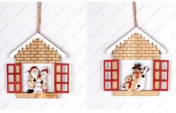  Felakasztható karácsonyi dekoráció fából házikó az ablakban hóember vagy mikulás - 12 cm