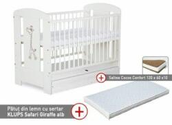 Klups Patut cu sertar KLUPS Safari Giraffe Alb + Saltea 10 Confort II - gimihome