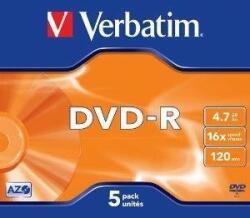 Verbatim Mediu optic Verbatim DVD-R 4.7GB 16x jewel case argintiu mat 5 bucati (43519)