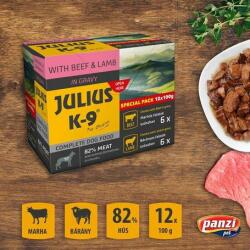 Julius-K9 Beef & Lamb hrană umedă în sos pentru câini (4 pachete | 4 x 6 x 100 g | 24 buc cu carne de vită | 24 buc cu carne de miel) 4.8 kg