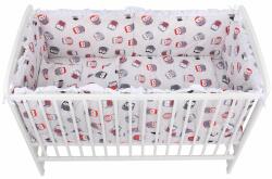 BabyNeeds - Lenjerie patut 5 piese, Cu doua protectii laterale, Pernuta, Plapumioara, Cearceaf, Din bumbac, Pentru patut 120x60 cm, Cu volanas, Bufnite, Gri-Rosu (BN210)