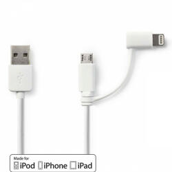 Nedis 2 az 1-ben kábel | USB 2.0 | USB-A Dugasz | Apple Lightning, 8 Pólusú / USB Micro-B Dugasz | 480 Mbps | 1.00 m | Nikkelezett | Kerek | PVC | Fehér | Műanyag Zacskó (CCGP39400WT10)