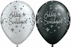  11 inch-es Boldog Szülinapot Silver és Black Lufi (6db/csomag)