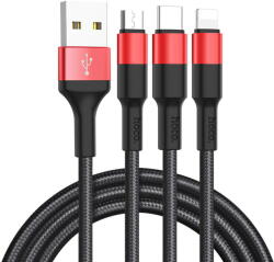 hoco. Cablu Incarcare USB - Lightning / USB Type-C / MicroUSB HOCO X26 Xpress, 1 m, Negru Rosu (cb/3in1/Hoco/X26/n-r/bl) - vexio