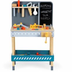 Eco Toys fa barkács asztal szerszámokkal, kiegészítőkkel, 47 db-os készlet, 80x50x29.5 cm, kék-fekete-fa szín