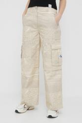 Calvin Klein Jeans pamut nadrág bézs, magas derekú széles - bézs XS