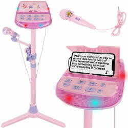  Microfon roz cu stativ cu conectare karaoke, aux, inaltime reglabila 60-100 cm