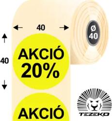 Tezeko 40 mm-es kör, papír címke, fluo citrom színű, Akció 20% felirattal (1000 címke/tekercs) (P0400004000-039)