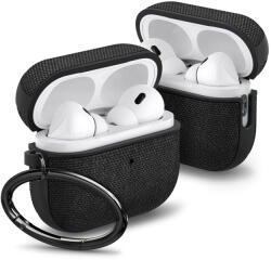  Bluetooth fülhallgató töltőtok tartó, műanyag tok, textil bevonat, vezeték nélküli töltés támogatás, karabiner, Apple AirPods Pro 2 kompatibilis, Spigen Urban Fit, fekete