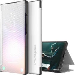 Samsung A22 4G SM-A225F, Oldalra nyíló tok, stand, hívás mutatóval, kevlár minta, Wooze Smart View Cover Carbon, fehér - pixato