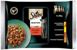 Sheba Selection Juicy Flavours tasak 4x85 g nedves teljes értékű eledel felnőtt macskáknak csirke- és marhahússal, csirke-, bárány-, kacsa- és pulykadarabokkal, mártásban