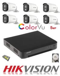 Hikvision Kit 6 camere de supraveghere ColorVU Hikvision 5MP IR 40m, DVR 8 canale Acusense Hikvision, HDD 2TB si accesorii complete (kit6camcolorvu5mpir40hik)