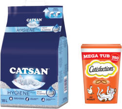 CATSAN Catsan 15% reducere! 18 l Hygiene Plus Așternut igienic + 2 x 350 g Dreamies Megatub - (cca. 9 kg) Pui (2 g)