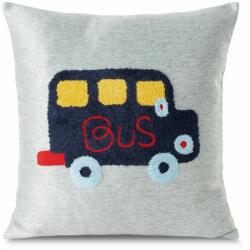 Eurofirany Alvin2 puha gyerek párnahuzat hímzett busszal Szürke/kék 45x45 cm