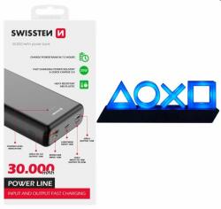 SWISSTEN Power Line Powerbank 30 000 mAh 20W, PD, Fekete + Playstation 5 Icons Light USB lámpa