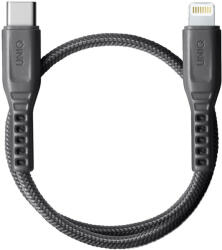 USB Type-C töltő- és adatkábel, Lightning, 30 cm, 3000 mA, 18W, törésgátlóval, gyorstöltés, PD, Uniq Flex, szürke