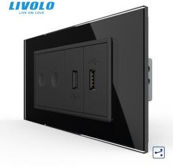 LIVOLO Intrerupator tactil dublu cap scara / cruce + priza dubla USB, 4M, cu rama sticla Negru (VL-FC2S-2FCUS-2BP-P9E)