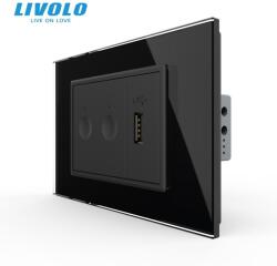 LIVOLO Intrerupator tactil dublu + priza USB, 3M, rama sticla Negru (VL-FC2-FCUS-2BP-P9E)
