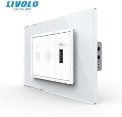 LIVOLO Intrerupator tactil dublu + priza USB, 3M, rama sticla Alb (VL-FC2-FCUS-2WP-P9E)