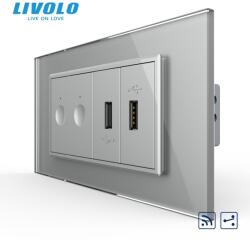 LIVOLO Intrerupator tactil dublu cap scara / cruce control telecomanda RF + priza dubla USB, 4M, cu rama sticla Gri (VL-FC2SR-2FCUS-2IP-P9E)