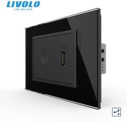 LIVOLO Intrerupator tactil simplu cap scara/ cruce + priza USB, 3M, rama sticla Negru (VL-FC1S-FCUS-2BP-P9E)