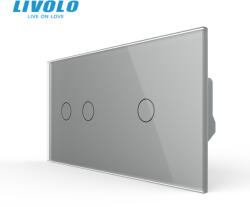 LIVOLO Intrerupator dublu cap / scara + simplu cap / scara, generatia noua, cu panou sticla Gri (VL-FC2S-FC1S-P702/01-4IP)