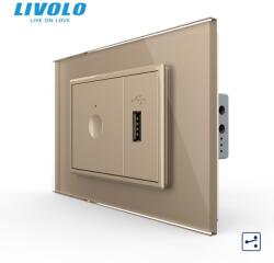 LIVOLO Intrerupator tactil simplu cap scara/ cruce + priza USB, 3M, rama sticla Auriu (VL-FC1S-FCUS-2AP-P9E)
