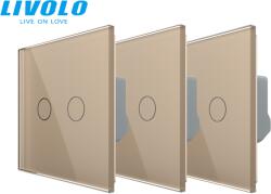 LIVOLO Pachet: 3 intrerupatoare duble cap / scara, generatia noua, cu panou sticla Auriu (VL-3xFC2S-2G-AP)