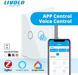 LIVOLO Intrerupator dublu tactil, control draperie, Protocol Zigbee, cu panou sticla, Generatia Noua Alb (VL-FC2NWZ-2GS21-W)