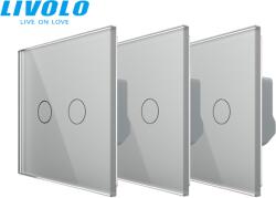 LIVOLO Pachet: 3 intrerupatoare duble cap / scara, generatia noua, cu panou sticla Gri (VL-3xFC2S-2G-IP)