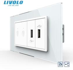 LIVOLO Intrerupator tactil dublu cap scara / cruce control telecomanda RF + priza dubla USB, 4M, cu rama sticla Alb (VL-FC2SR-2FCUS-2WP-P9E)