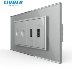 LIVOLO Intrerupator tactil dublu + priza dubla USB, 4M, cu rama sticla Gri (VL-FC2-2FCUS-2IP-P9E)