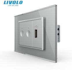 LIVOLO Intrerupator tactil dublu + priza USB, 3M, rama sticla Gri (VL-FC2-FCUS-2IP-P9E)