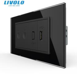 LIVOLO Intrerupator tactil dublu + priza dubla USB, 4M, cu rama sticla Negru (VL-FC2-2FCUS-2BP-P9E)