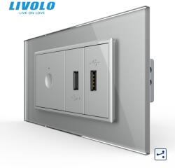 LIVOLO Intrerupator tactil simplu cap scara / cruce + priza dubla USB, 4M, cu rama sticla Gri (VL-FC1S-2FCUS-2IP-P9E)