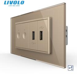 LIVOLO Intrerupator tactil dublu cap scara / cruce + priza dubla USB, 4M, cu rama sticla Auriu (VL-FC2S-2FCUS-2AP-P9E)