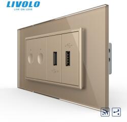 LIVOLO Intrerupator tactil dublu cap scara / cruce control telecomanda RF + priza dubla USB, 4M, cu rama sticla Auriu (VL-FC2SR-2FCUS-2AP-P9E)