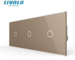 LIVOLO Intrerupator cap / scara, simplu + simplu + simplu, generatia noua, cu panou sticla Auriu (VL-3FC1S-P701/01/01-6AP)