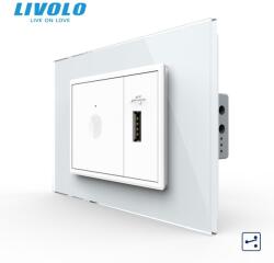 LIVOLO Intrerupator tactil simplu cap scara/ cruce + priza USB, 3M, rama sticla Alb (VL-FC1S-FCUS-2WP-P9E)