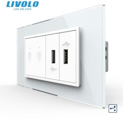 LIVOLO Intrerupator tactil dublu cap scara / cruce + priza dubla USB, 4M, cu rama sticla Alb (VL-FC2S-2FCUS-2WP-P9E)