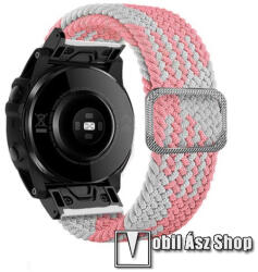 Okosóra szíj - fonott szövet, sztreccses, állítható, légáteresztő, csatos - RÓZSASZÍN / FEHÉR - 210mm hosszú, 26mm széles QUICKFIT - Garmin Fenix 7X / 5X Plus / 5X Plus Sapphire / 6X / 6X Sapphire / 6