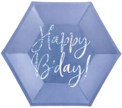 PartyDeco Papír tányér, hatszögletű, kék, Happy Birthday felirattal