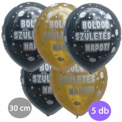  Boldog születésnapot metál gumi lufi csomag arany-fekete 30cm 5db/cs