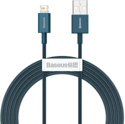 USB töltő- és adatkábel, Lightning, 200 cm, 2400 mA, törésgátlóval, gyorstöltés, PD, Baseus Superior, CALYS-C03, kék - ionstore