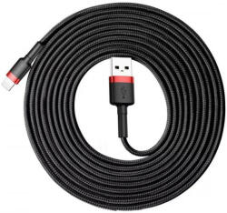 USB töltő- és adatkábel, Lightning, 300 cm, 2000 mA, törésgátlóval, gyorstöltés, cipőfűző minta, Baseus Cafule, CALKLF-R91, fekete/piros