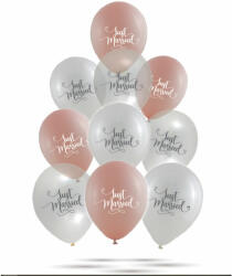 Globos Lufi, Just Married felirattal , átlátszó-rosegold-fehér, 30 cm 10 db/cs